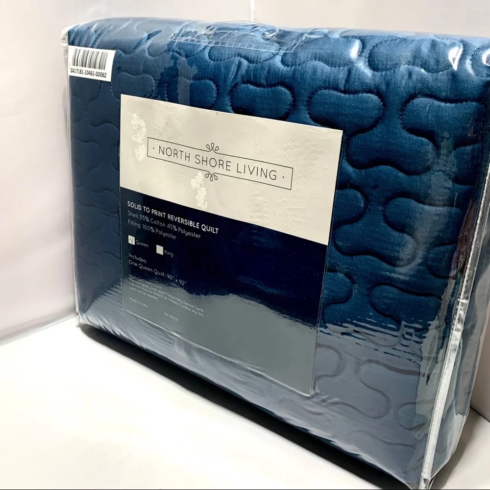 North Shore Living Reversible Quilt Teal Blue & Floral Queen Quilted New